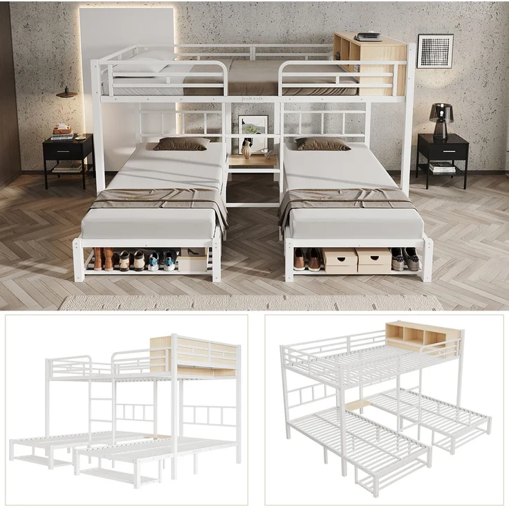 EINHOM Metall-Etagenbett 140x200/90x200 cm Weiß, Familien-Stockbett mit 3 Schlafplätzen, offenem Regal, Schuhablage und Leiter für Gästezimmer und Jugendzimmer (Ohne Matratze) – Bild 6