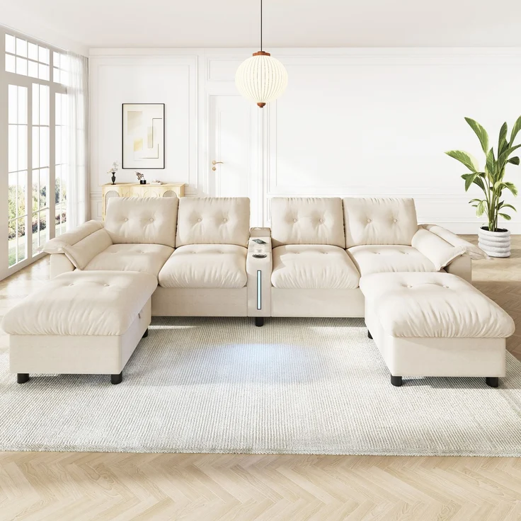DESVIAE Sofa Modulares 6-Sitzer-Ecksofa Beige aus Chenille – 312x82x142 cm – Stauraum-Hocker, LED-Beleuchtung – Bild 3