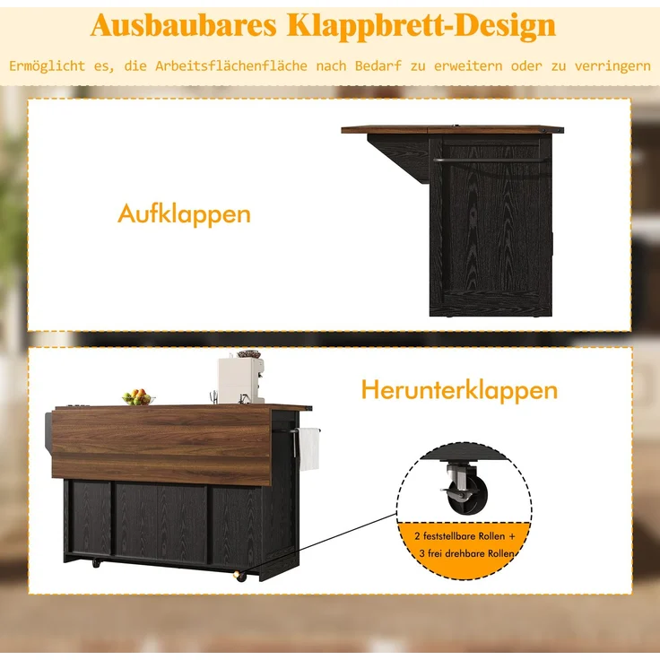Kücheninselwagen mit ausziehbarer Arbeitsplatte & Stromanschluss, 91cm Arbeitshöhe, Weiß/Schwarz, belastbar bis 75kg – Bild 10