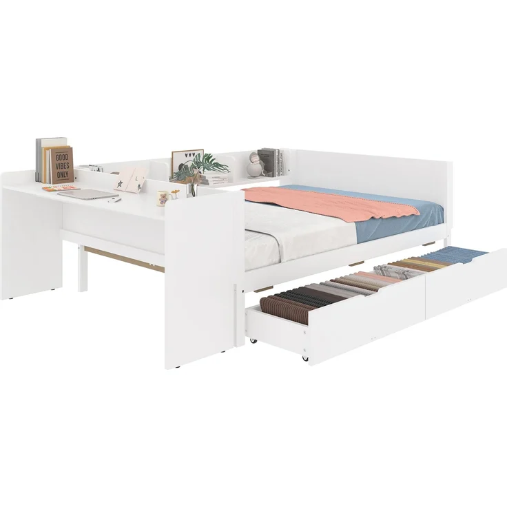 Multifunktionales Holzbett 140×200 cm mit Schreibtisch, Schubladen & Regalen – platzsparendes Doppelbett für modernes Schlafzimmer – Bild 8