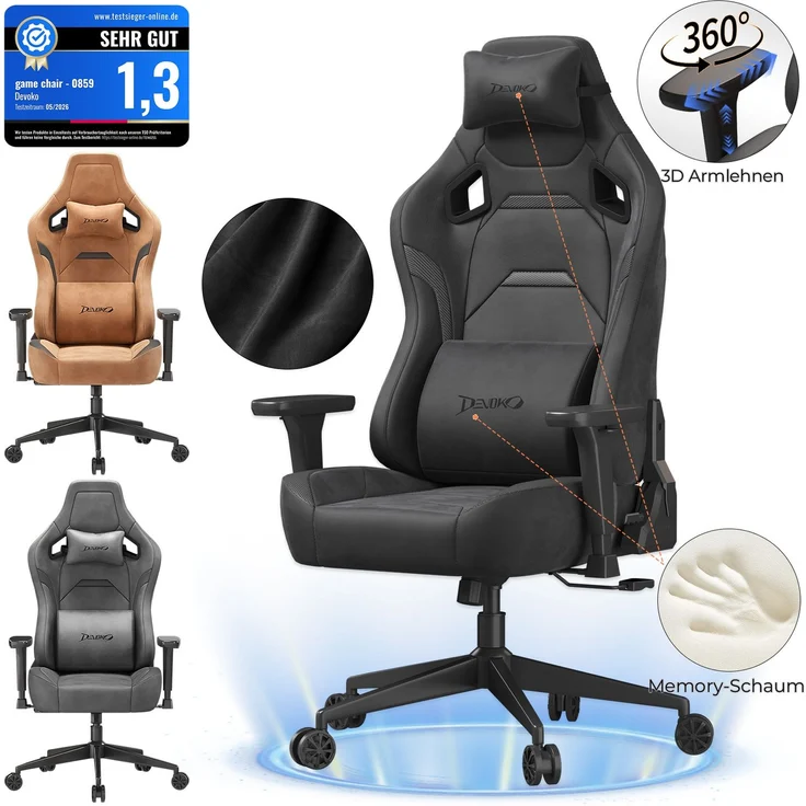 Gaming-Stuhl mit luxuriösem Wildlederimitat – ergonomisch, großzügige Sitzfläche, verstellbare Rückenlehne 90°–135°, 3D-Armlehnen,Schwarz – Bild 1