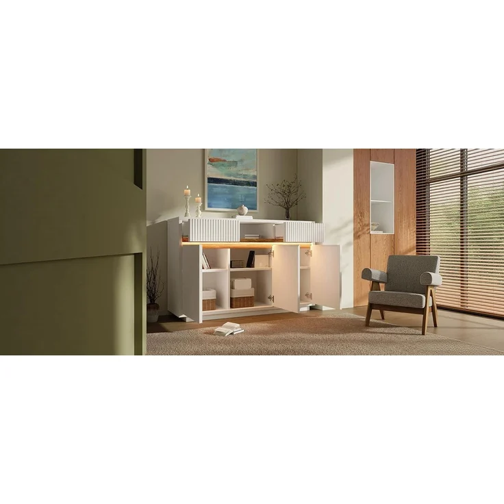 TavilaEcon Sideboard Kommode, Schrank mit LED, 2 Schubladen und 3 Türen weiß 85 × 40 × 140 cm (H × T × B) – Bild 7