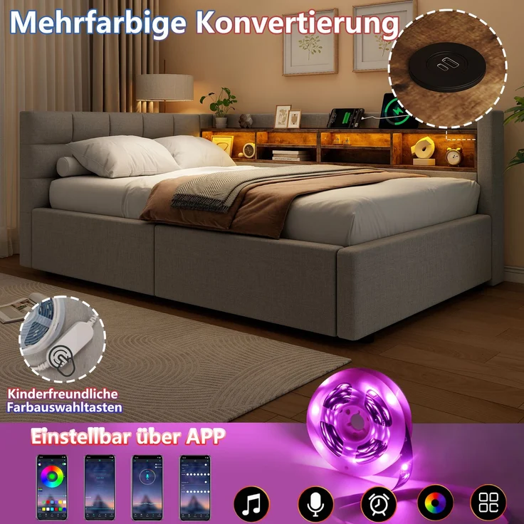 Daybett, Tagesbett, Schlafsofa,90x200cm, Ohne Matratze, Hydraulische Lagerung, mit dimmbarer LED-Leiste, mit praktischem Regal, mit USB-Anschluss, Grau – Bild 10