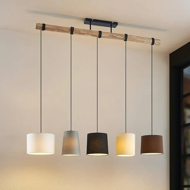 Lindby Pendelleuchte 'Amilia', Holzlampe mit 5 E27 Fassungen, Schwarz, Grau, Beige, Braun, Weiß, 125x25 cm, ideal für Esszimmer und Wohnzimmer – Bild 2