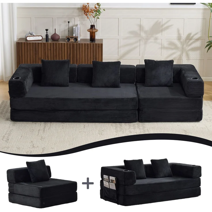 Klappbares Bodenschlafsofa mit Getränkehaltern und Seitentaschen, faltbare Cord-Futoncouch ohne Montage für Wohn- und Gästezimmer, Schwarz – Bild 2