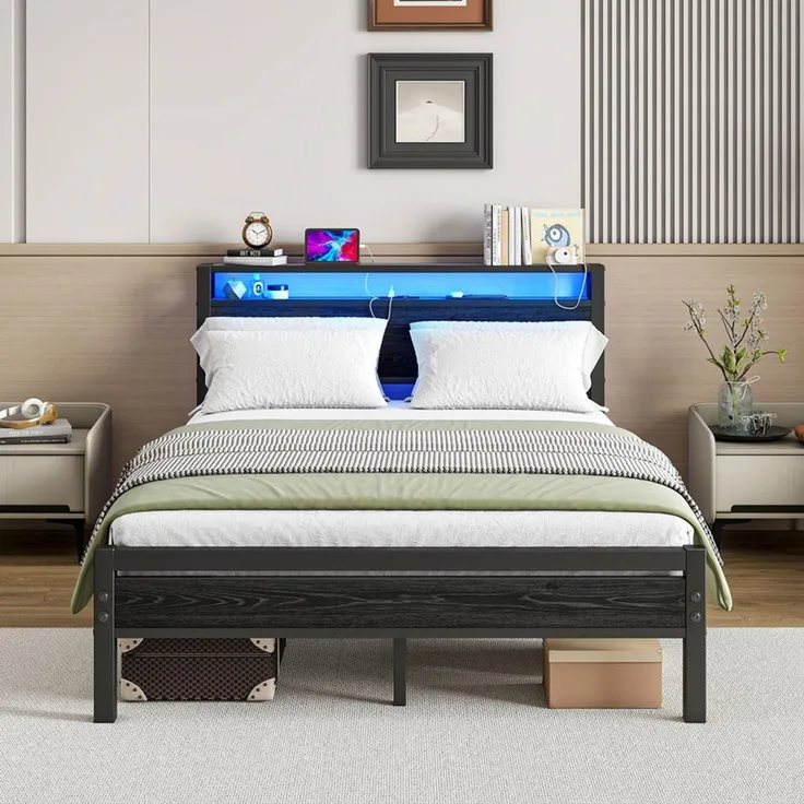 Homerecommend Metallbett 140x200 cm, Doppelbett und Jugendbett, mit LED-Beleuchtung, Steckdose und 2 USB-Anschlüssen, Vintage Schwarz