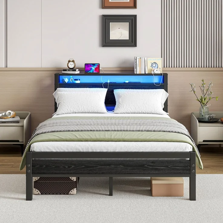Homerecommend Metallbett 140x200 cm, Doppelbett und Jugendbett, mit LED-Beleuchtung, Steckdose und 2 USB-Anschlüssen, Vintage Schwarz – Bild 1