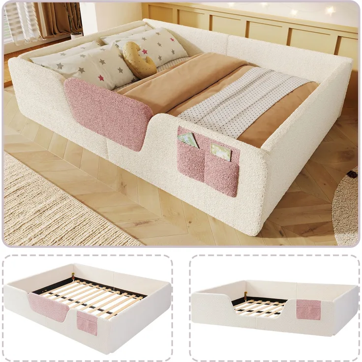 EINHOM Polsterbett, 140 × 190 cm, ohne Matratze, abnehmbare Sicherheitsgitter, integrierte Stofftasche zur Aufbewahrung, einzigartiger Samt, Beige (Ohne Matratze)