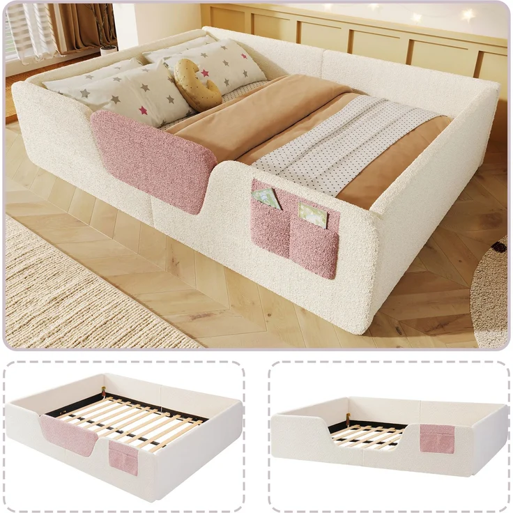 EINHOM Polsterbett, 140 × 190 cm, ohne Matratze, abnehmbare Sicherheitsgitter, integrierte Stofftasche zur Aufbewahrung, einzigartiger Samt, Beige (Ohne Matratze) – Bild 1