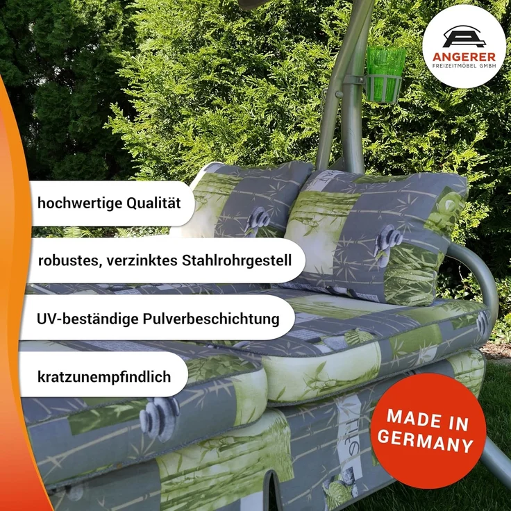Angerer Freizeitmöbel GmbH Hollywoodschaukel Comfort - Gartenschaukel Made in Germany - Schaukel zum Sitzen, Liegen und Entspannen - mit Bett-Funktion - einfache Montage (Rot-Orange-Grün gestreift) – Bild 6