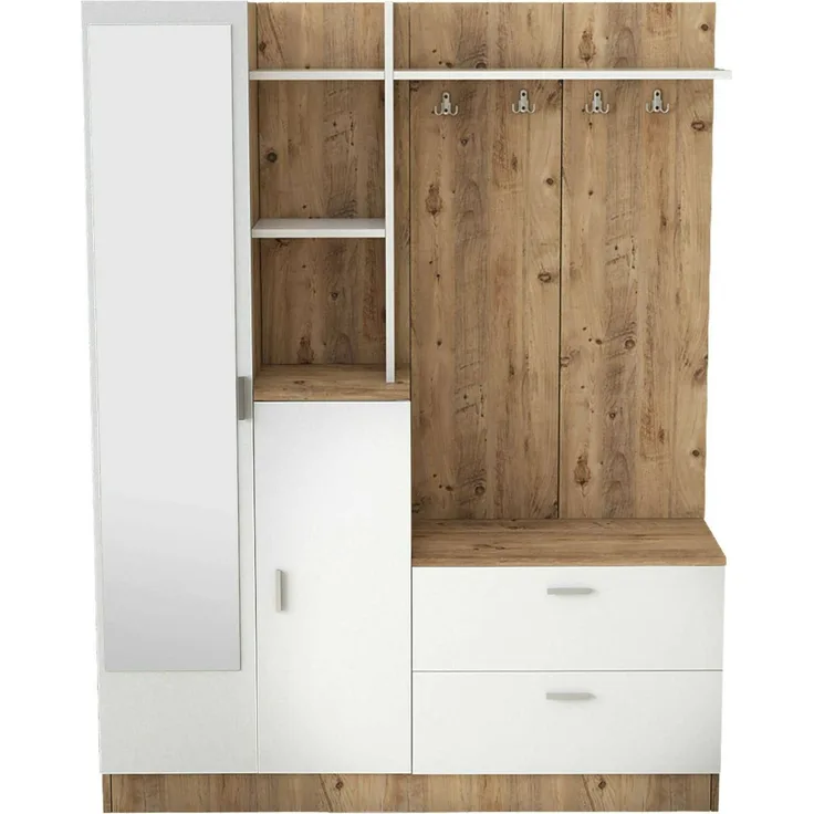 Dmora Eingangsmöbel Anumali, Moderner Eingang, Wandgarderobe, Multifunktions-Aufbewahrungskonsole, 140x37h182 cm, Eiche und Weiß