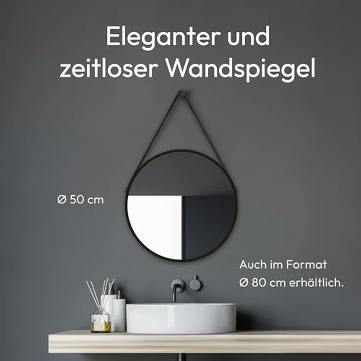Talos Talos Black Style, runder Badspiegel Ø 50 cm in matt schwarz mit Aluminiumrahmen und Lederoptik-Band, feuchtraumgeeignet, einfache Montage – Bild 3