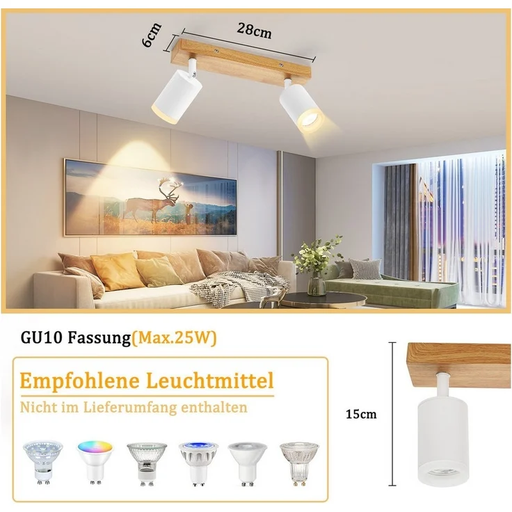 Nettlife Deckenstrahler Schwarz/Weiß GU10 Holz Vintage Deckenspots Küchenlampe, Schwenkbar, LED wechselbar, 350°Drehbar Flur Strahler Industrial für Wohnzimmer Schlafzimmer Küche – Bild 3