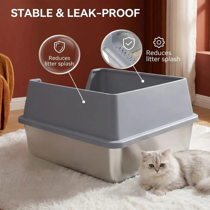 Halupeit Geschlossene Edelstahl-Katzentoilette in XXL-Größe, geräumiger Innenraum, hohe Wände verhindern das Verschütten von Streu, inklusive Schaufel, Hellgrau, 61.3 x 40.8 x 29.8 cm – Bild 3