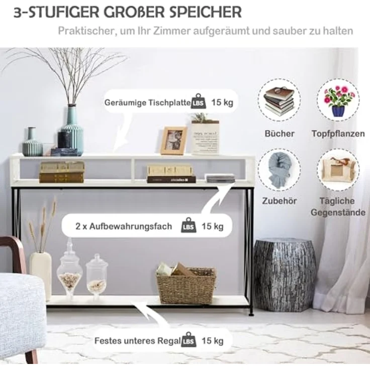 FANTASK 2 Ebenen Konsolentisch mit offnen Fächern, Flurtisch aus Holz, Standregal, Beistelltisch für Eingang, Wohnzimmer und Schlafzimmer, 120 x 23 x 79 cm (Weiß) – Bild 4