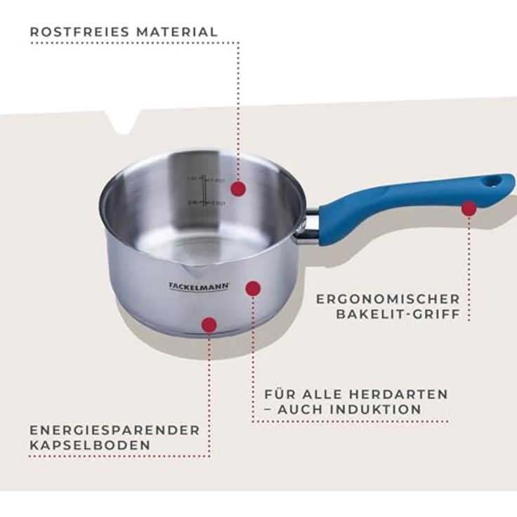 Fackelmann Kasserolle Essential Ø 16 cm, Edelstahl, ergonomischer Bakelit-Griff, für alle Herdarten geeignet, 1,5 L, Blau – Bild 2