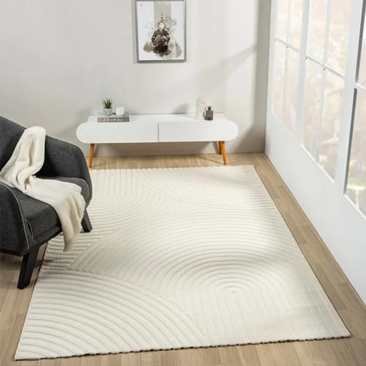 Vimoda Teppich Kurzflor Modern 3D Motiv, Uni Creme, Rechteckig, Höhe: 10 mm, Teppich Skandinavisches Design Uni, Wohnzimmer, Schlafzimmer& Küche – Bild 3