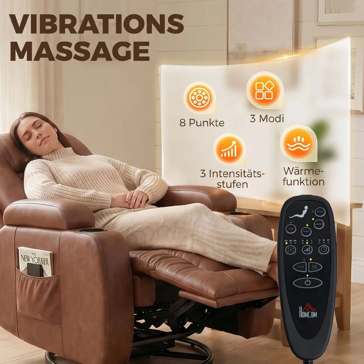 Wohnora-Massagesessel mit Wärmefunktion, drehbarer Schaukelsessel mit Fußstütze, Hellbraun,H 1040cm x T 940cm x B 850cm – Bild 5