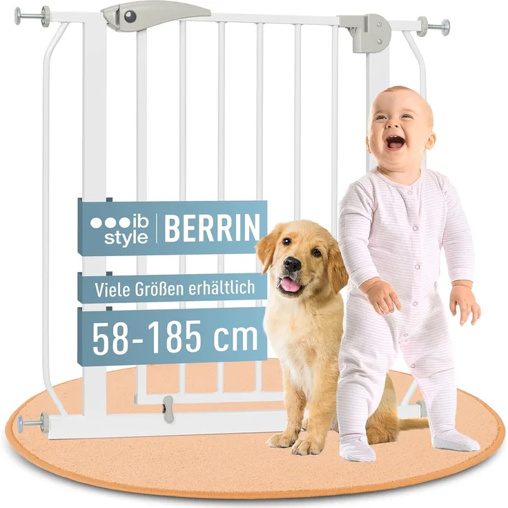 ib style® Berrin ! PREISSIEGER ! Treppengitter 58-175cm | Türschutzgitter | Ohne Bohren | 90° Stop | Auto-Close | Weiß-grau| 67-75 cm