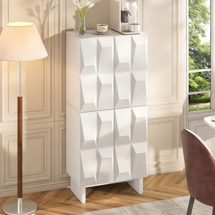Schuhschrank Sideboard Kompaktsschrank Spanplatte Relief 4 Türen 4 Fächer verstellbare Böden Flur Wohnzimmer--Weiß--60.5x34x135.5cm--YOUDENOVA – Bild 6