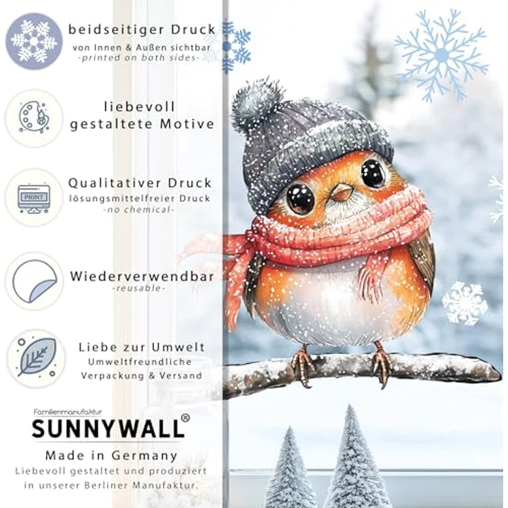 Sunnywall Fensterdekoration Kinderzimmer Fensterbild Winter Rotkehlchen Robin, wiederverwendbar, statisch haftend, beidseitiger Druck, nachhaltig – Bild 6