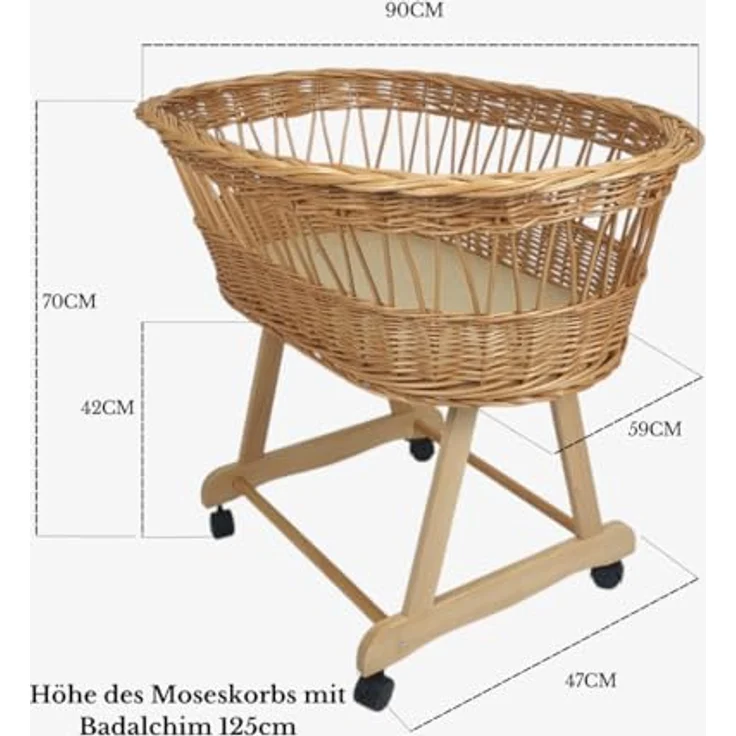 Wiklinopol Stubenwagen aus Weide mit Baldachin und Gestell Lena – Moseskorb in Natur, Komplettset mit 5-TLG. Waffel-Bettwäsche Safari Beige – Mit Rollen, Tragbar, Sicher – Bild 5