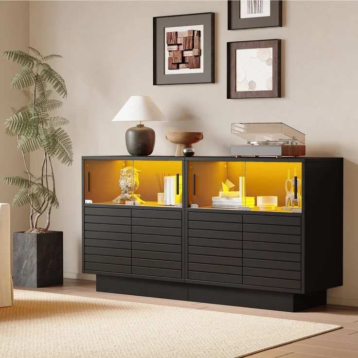 Merax Sideboard mit 2 Kabinett, 4 Fächern, Glastüren, Breite 130 cm, Beistellschrank mit LED-Licht, Wohnraumschrank mit viel Stauraum, Schwarz – Bild 2