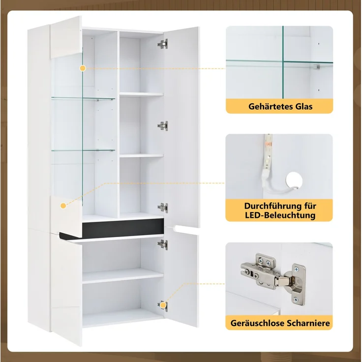 DESVIAE Vitrinenschrank Weiß aus MDF – 80x180x35 cm – LED-Beleuchtung, 4 Türen, 8 Fächer – Bild 6
