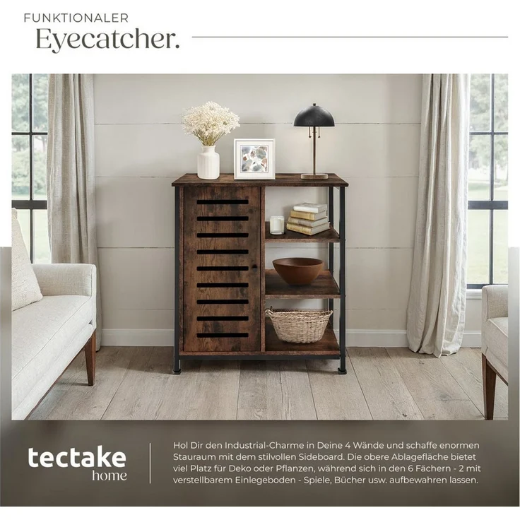 tectake Highboard Hochkommode, mit höhenverstellbaren Kunststofffüßen, 70 x 32 x 82 cm (Stauraumschrank, in Industrial Holz dunkel, rustikal), Industrial Style, Holz und Stahl, Ablage und 3 offene Fächer – Bild 4