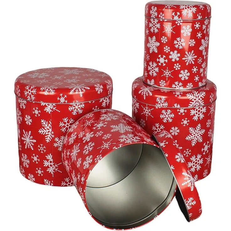 Macosa Home Keksdose Gebäckdosen 4er Set Metall Rot od. Grau Plätzchendose, (rund Schneeflocke Rentiere Gebäckaufbewahrung modern, Vorratsdose Weihnachten Blechdose), stapelbare Keks-Dose Aufbewahrungsdose Plätzchen – Bild 4