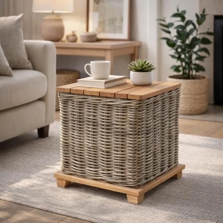 Kobolo Beistelltisch Tisch Couchtisch mit Deckel mit Aufbewahrungsfach - krabu Rattan Holz (Einzelstück, 1-St, Einzelstück), 45x45x49,50 cm – Bild 2