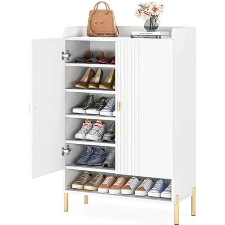 LITTLE TREE Schuhschrank für den Eingangsbereich: 6-stöckiger Schuh-Organizer, schmal, freistehend, Holz-Schuhregal mit Türen, verstellbare Einlegeböden für Flur, Schrank, Wohnzimmer