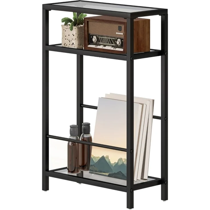 Beistelltisch 40 x 18 x 62 cm, mit Höhenverstellung, mit Bodenschonern, Möbelkonstruktion aus Glas, Schwarz – Bild 1