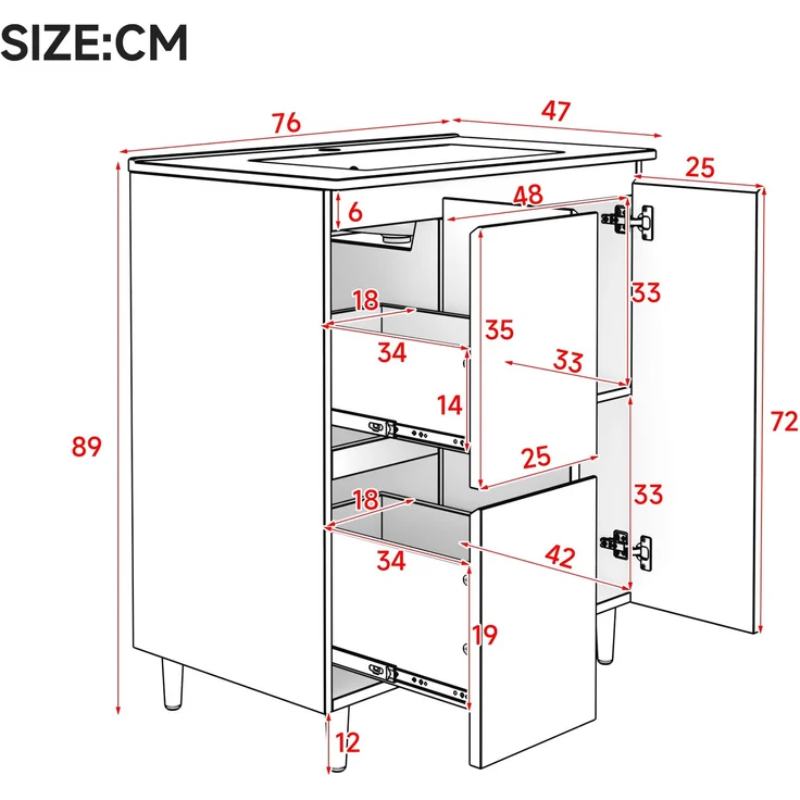 76*47*89cm, freistehender Badezimmerwaschtisch, komplett lackiert, LED-Radarsensorleuchte, Soft-Close-Scharniere, integriertes Waschbecken, hohes Fußdesign, rosa. – Bild 4