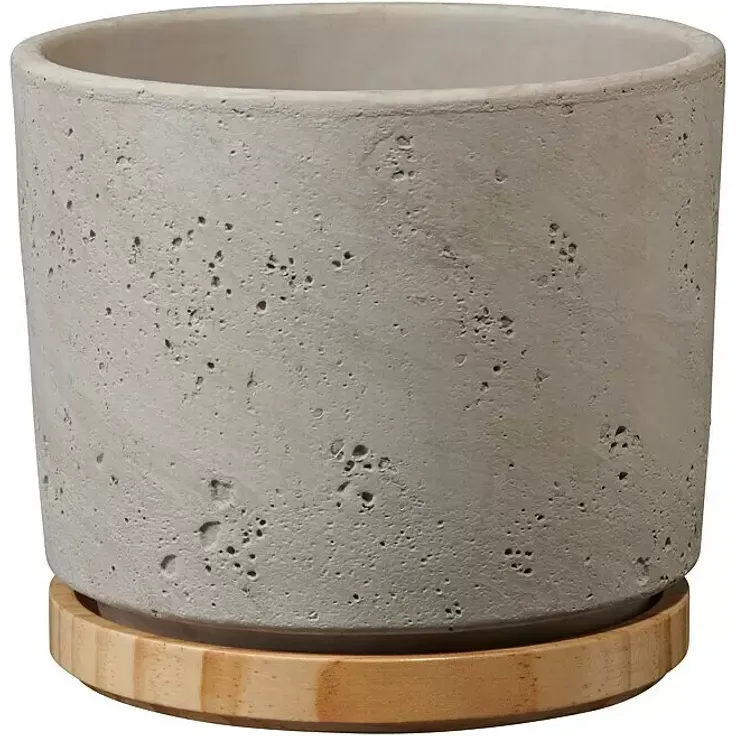 Soendgen Keramik Übertopf rund Paros Deluxe, hellgrau, Ø 19 cm x H 17 cm, Kombination aus Keramik und Holz