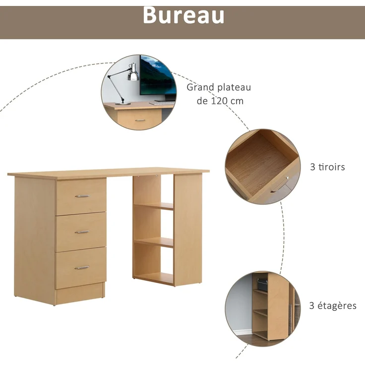 Schreibtisch mit Stauraum, Computertisch 120 x 50 cm, Computertisch mit Regalen und Schubladen, für kleine Räume, Schlafzimmer, helle Holzoptik – Bild 6