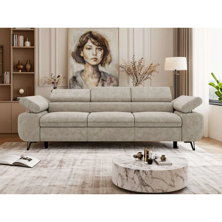 Polstersofa PETER, Sofa 3-Sitzer mit Schlaffunktion, verstellbaren Armlehnen und Kopfstütze, Gepolsterte Couch, Wellenfeder - Beige Struktur – Bild 4
