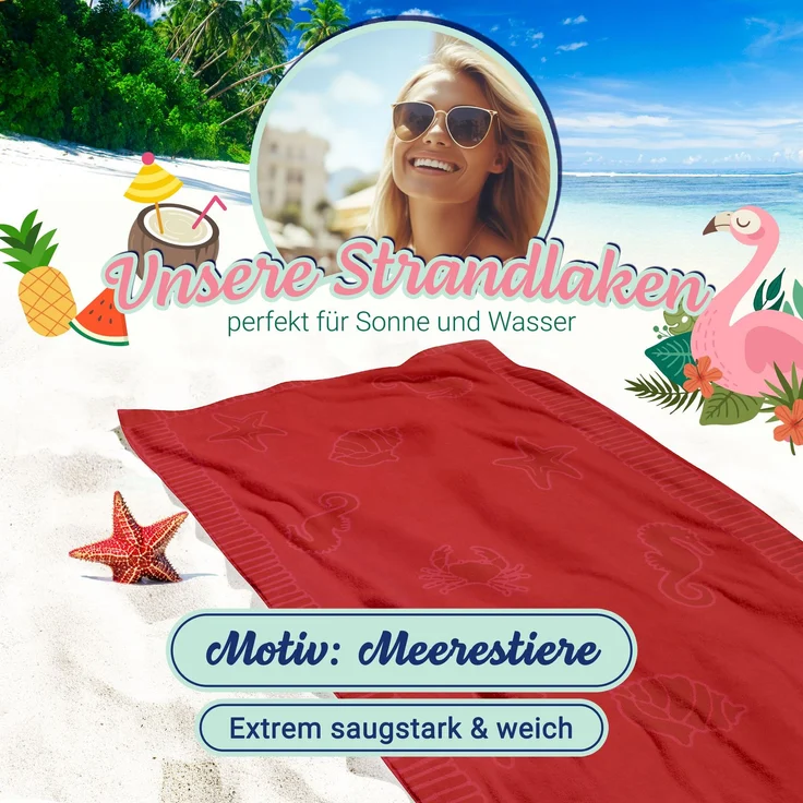 ZOLLNER Strandtuch XXL aus Baumwolle, 100x200 cm, rot mit Meerestiermotiven – Bild 4