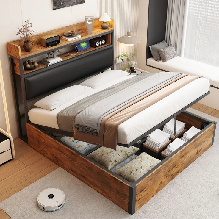 Bettrahmen 140x200 cm mit hydraulischer Hebevorrichtung, USB-Ladestation, gepolstertem Kopfteil, Vintage-Design aus Holz und Metall, Schwarz