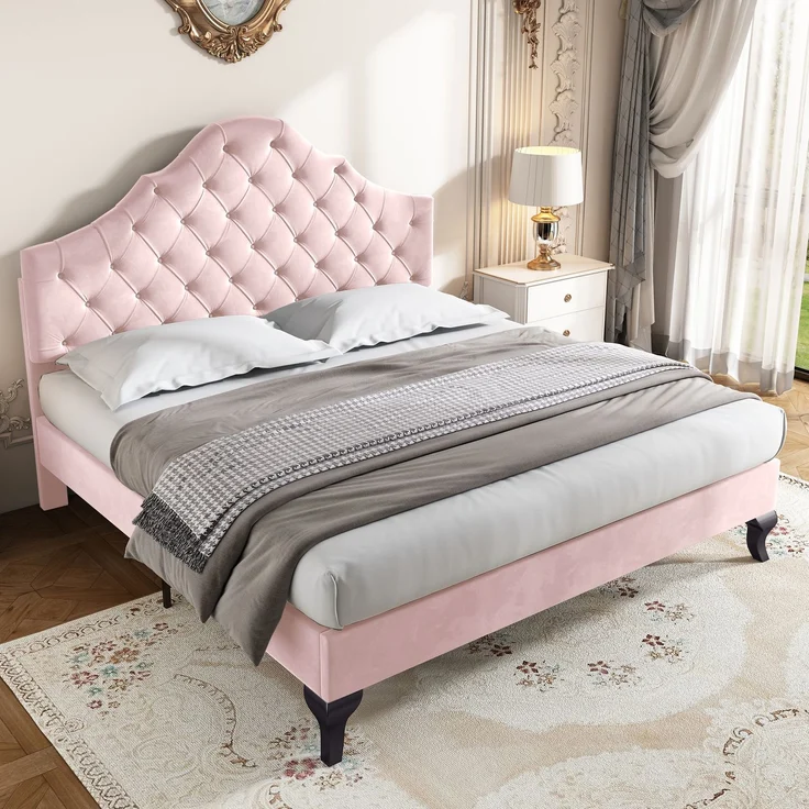 Polsterbett 203*140*118-124cm mit höhenverstellbarem Kopfteil, attenrost und Samtbezug,Rosa – Bild 4