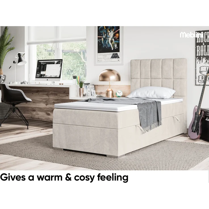 MEBLINI Boxspringbett LUKAS 100x200cm Rechts - H3/Beige Samt - mit Bettkasten - Gepolstert Einzelbett mit Topper & Taschenfederkern-Matratze – Bild 4