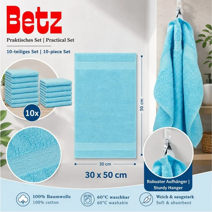 Betz Gästehandtücher 10 tlg. Gästehandtücher-Set PREMIUM 100 % Baumwolle 30x50 cm, 100% Baumwolle (10-St) – Bild 2