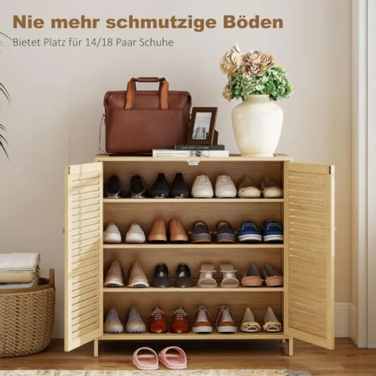 HOMCOM Schuhschrank Bambus, für ca. 14 Paar Schuhe, 3 verstellbare Einlegeböden, Lamellentüren, Natur – Bild 4
