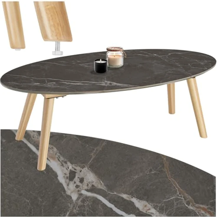 tectake Couchtisch Acerra, oval, Steinplatte in Marmoroptik, 100x50x34.5 cm, für Wohnzimmer und Terrasse – Bild 1
