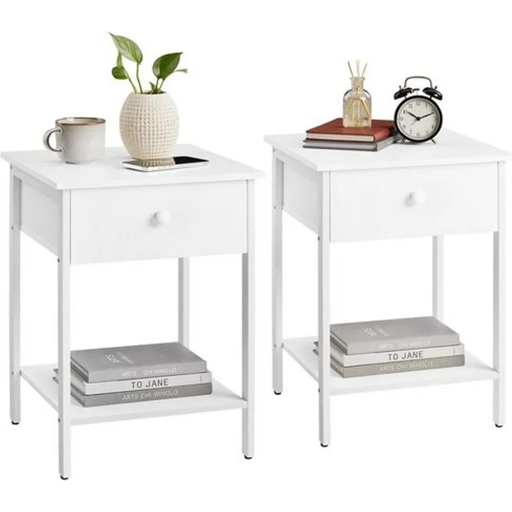 Vasagle Nachttisch, 2er Set, Nachtkommode, Beistelltisch mit Schublade und Ablage, 40 x 40 x 55 cm, Schlafzimmer, Wohnzimmer, Stahlrahmen, einfacher Aufbau, mattweiß LETDE506W14