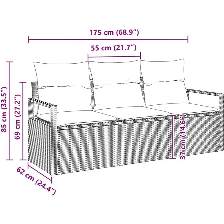 vidaXL Sofa Set mit Kissen 3 pcs Braun Poly Rattan 3346244 – Bild 6