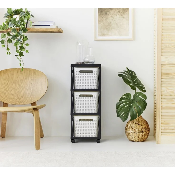 Rotho Brisen Rollcontainer auf Rädern mit 3 Aufbewahrungskörben 3x 16L Schubladen Schubladen-Box Lochmuster-Optik Aufbewahrungsbox aus Kunststoff 36,6 x 29,6 x 77 cm (Weiß) – Bild 2