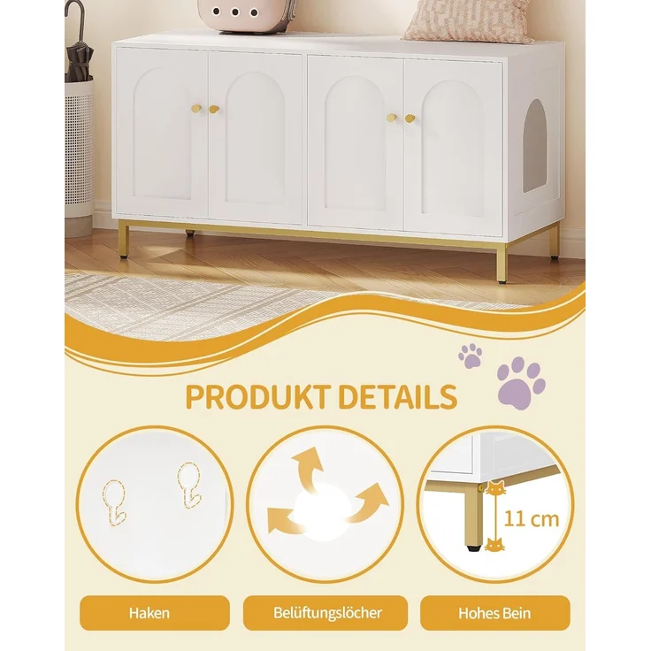 Katzenschrank für 2 Katzen, 119cm Versteckte Katzentoilettenmöbel, Hölzernes Haustierhaus, Aufbewahrungsschrankbank, Passend für die Meisten Katzentoilettenkä, Weiß und Gold – Bild 5