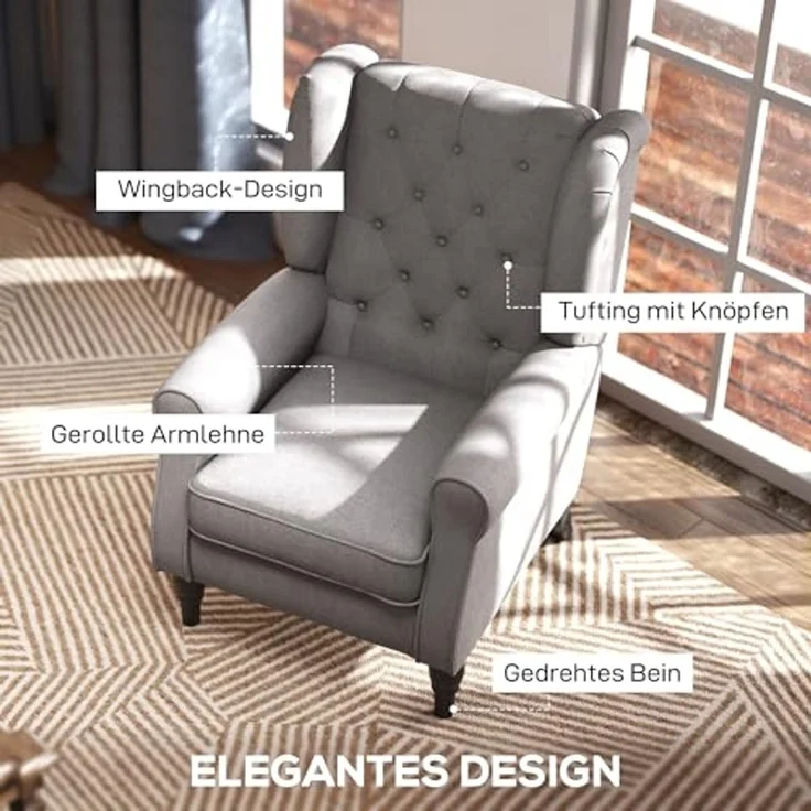 HOMCOM Sessel Einzelsessel, Akzentsessel mit Tufting Holzfüße (Ohrensessel, 1-St, Relaxsessel), für Wohnzimmer, Grau – Bild 4
