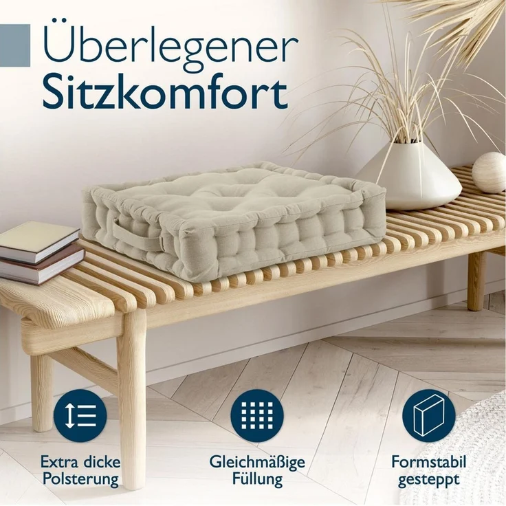 Beautissu Stuhlkissen 4er Set Bodenkissen Sitzkissen Mila, 50x50cm, Leinen, Matratzenkissen 10cm, 100% Baumwolle Stuhlkissen Indoor & Outdoor – Bild 3